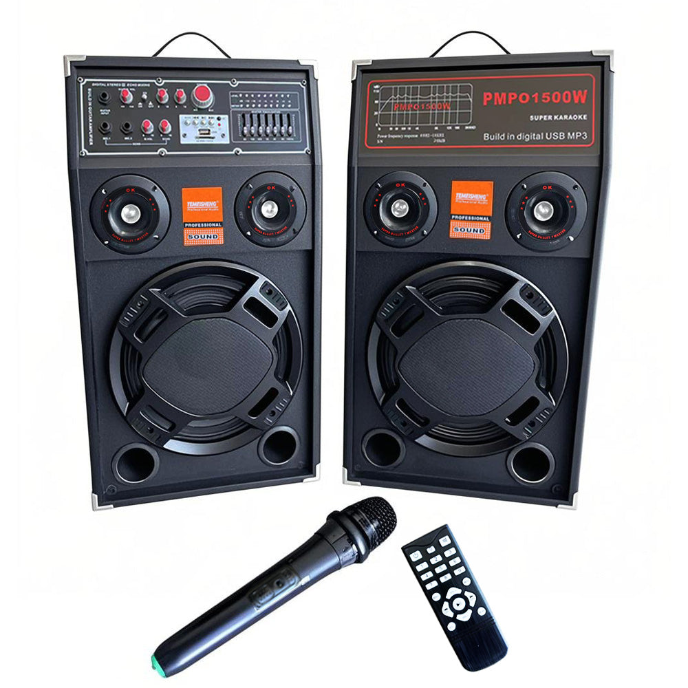 Set 2 Boxe Profesionale Active Smart Bass 284, 600W RMS, Bluetooth, USB, SD, Microfon Wireless, Jocuri de Lumini, Amplificator, Egalizator – Sunet Premium pentru Evenimente și Petreceri